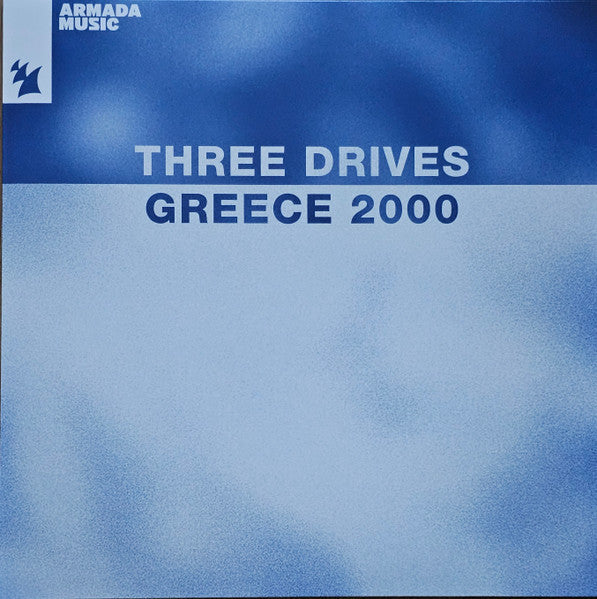 Vinyl record cover: "Three Drives - Greece 2000" with blue gradient.