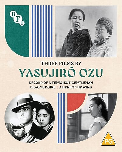 Blu-ray cover for Three Films by Yasujiro Ozu featuring black and white film stills.