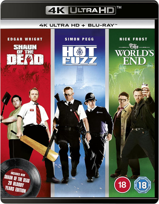 Three Flavours Cornetto Trilogy 4K Ultra HD Blu-ray cover featuring three film posters.