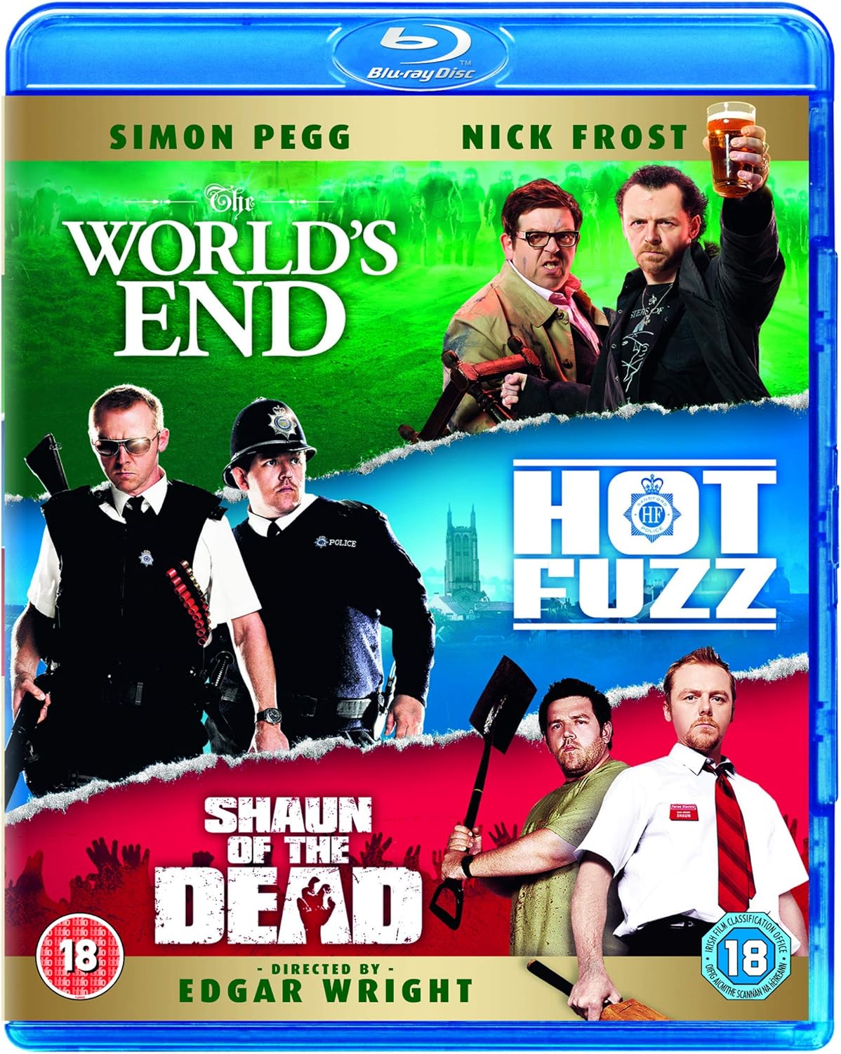 Blu-ray cover art for the Three Flavours Cornetto Trilogy featuring Simon Pegg and Nick Frost.