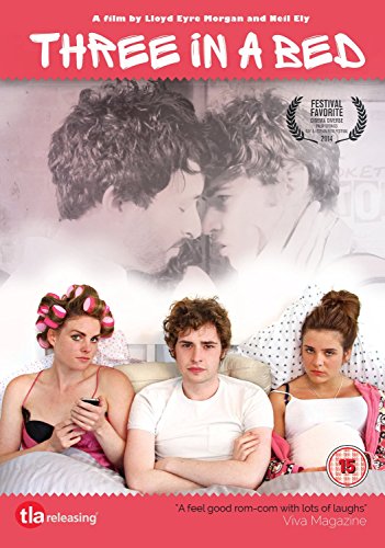 DVD cover for "Three In A Bed" featuring three people in bed.