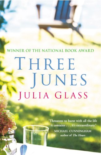 Book cover for "Three Junes" by Julia Glass, with a garden scene.