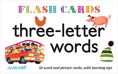 Flash cards cover featuring a bus, pig, chicken, and hat illustration.