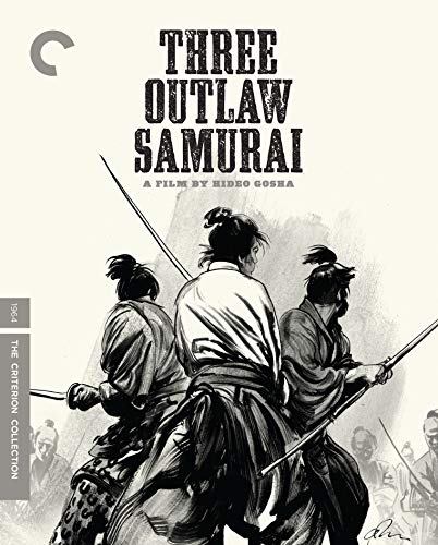 Black and white illustration of three samurai with swords on a Criterion Collection cover.