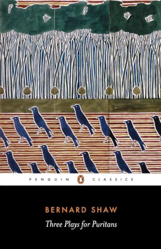 Book cover: "Three Plays for Puritans" by Bernard Shaw, with bird and tree design.