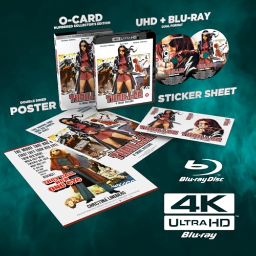 Thriller" Blu-ray and UHD set with poster, stickers, and artwork featuring a woman with a gun.