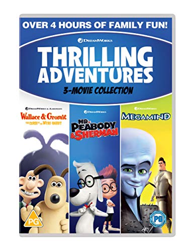 "DreamWorks DVD case featuring three animated movie posters: Wallace & Gromit, Mr. Peabody & Sherman, Megamind."