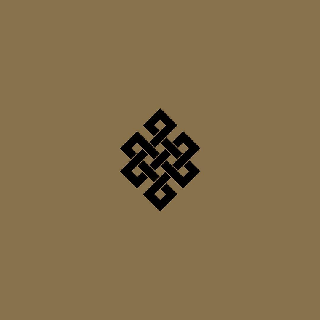 Dark brown CD cover with a black, geometric knot-like symbol.