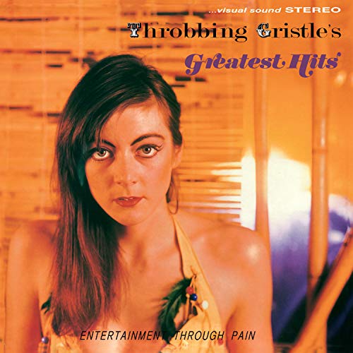 Album cover featuring a woman against an orange background with text Throbbing Gristle's Greatest Hits.