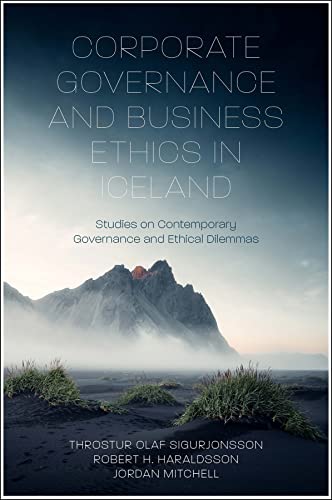 Book cover: “Corporate Governance and Business Ethics in Iceland” with mountain landscape.