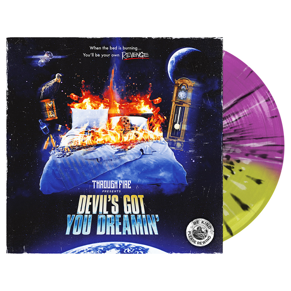 Album cover showing a burning bed with a skull, next to a purple-yellow vinyl.