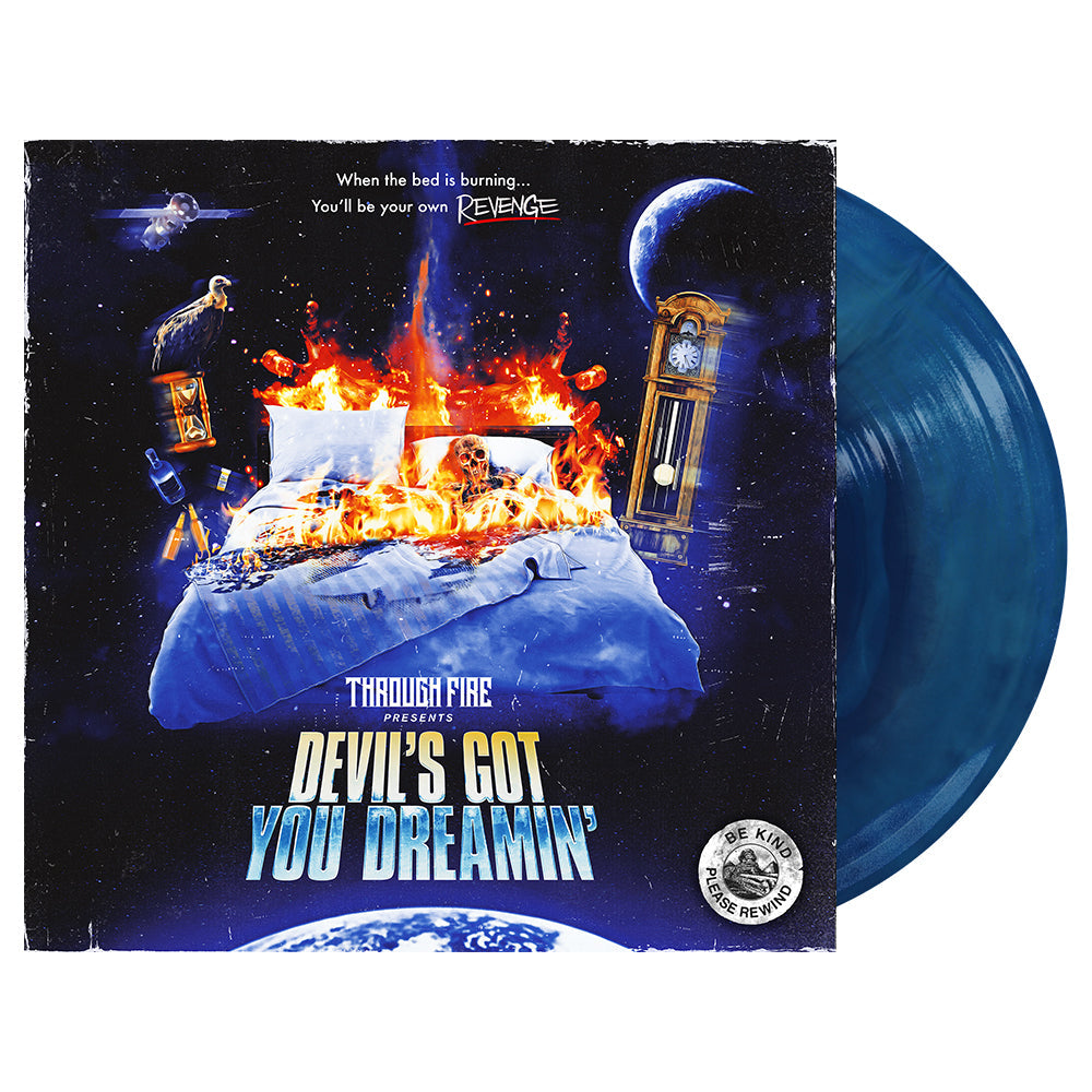 Vinyl record with cover art depicting a burning bed and surreal imagery.