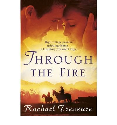 Book cover: “Through the Fire” with couple, horses, and sunset scene.