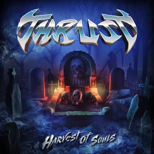 Album cover featuring skulls on a tombstone in a misty graveyard at night.