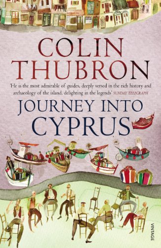 Book cover: "Journey Into Cyprus" by Colin Thubron, with painted boats and people.