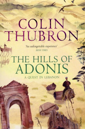 Book cover: “The Hills of Adonis” with ruins, mountains, and a rider.
