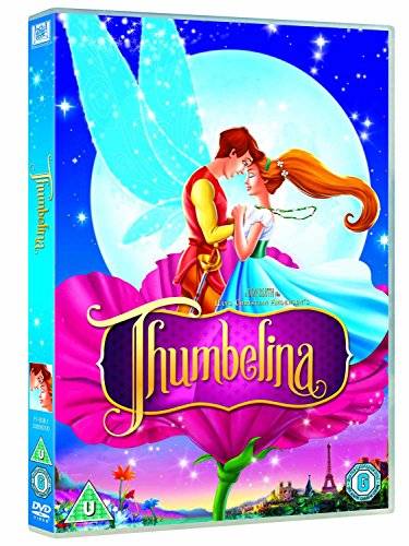 "Thumbelina DVD case featuring cartoon couple on a pink flower, with a moonlit background."