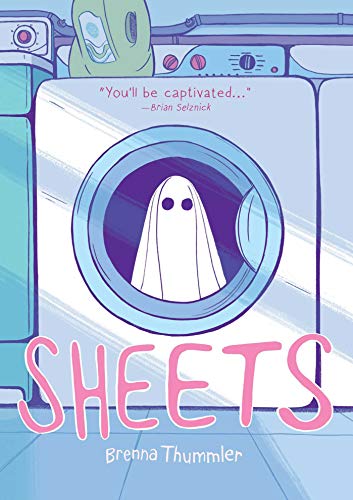 A cartoon ghost inside a washing machine on the cover of the book Sheets.