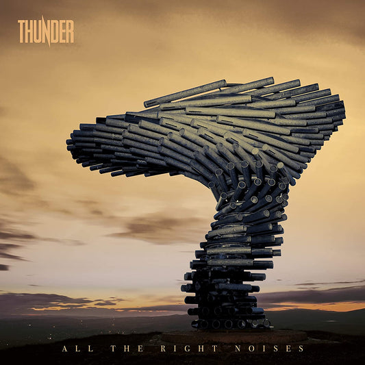 "Album cover featuring a twisted metal sculpture against a cloudy sky."