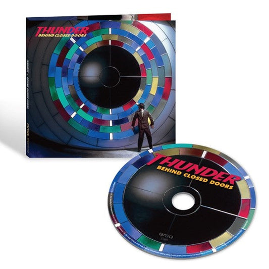 "CD case and disc for 'Thunder - Behind Closed Doors' with multicolored circular design."