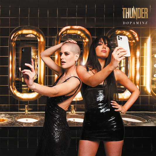 CD cover for Thunder’s “Dopamine” featuring two women taking selfies.