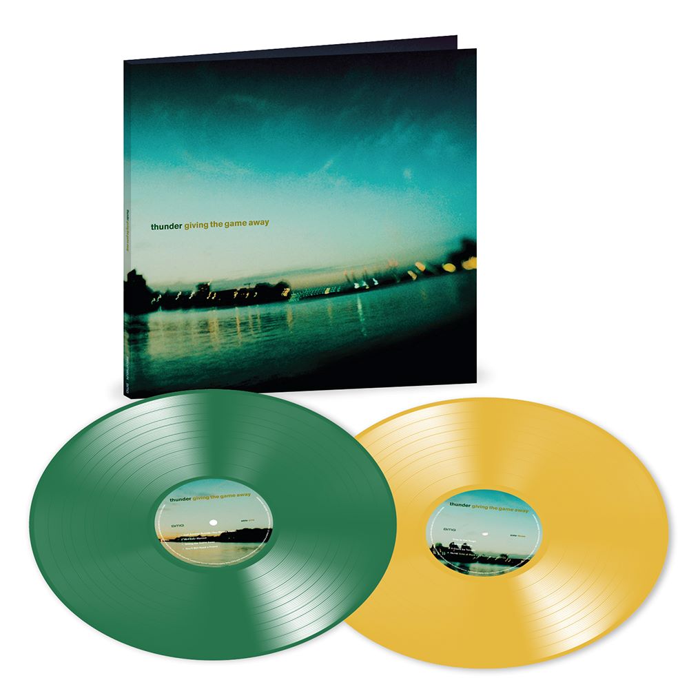 Vinyl 2LP of Thunder’s “Giving The Game Away” with green and yellow records.