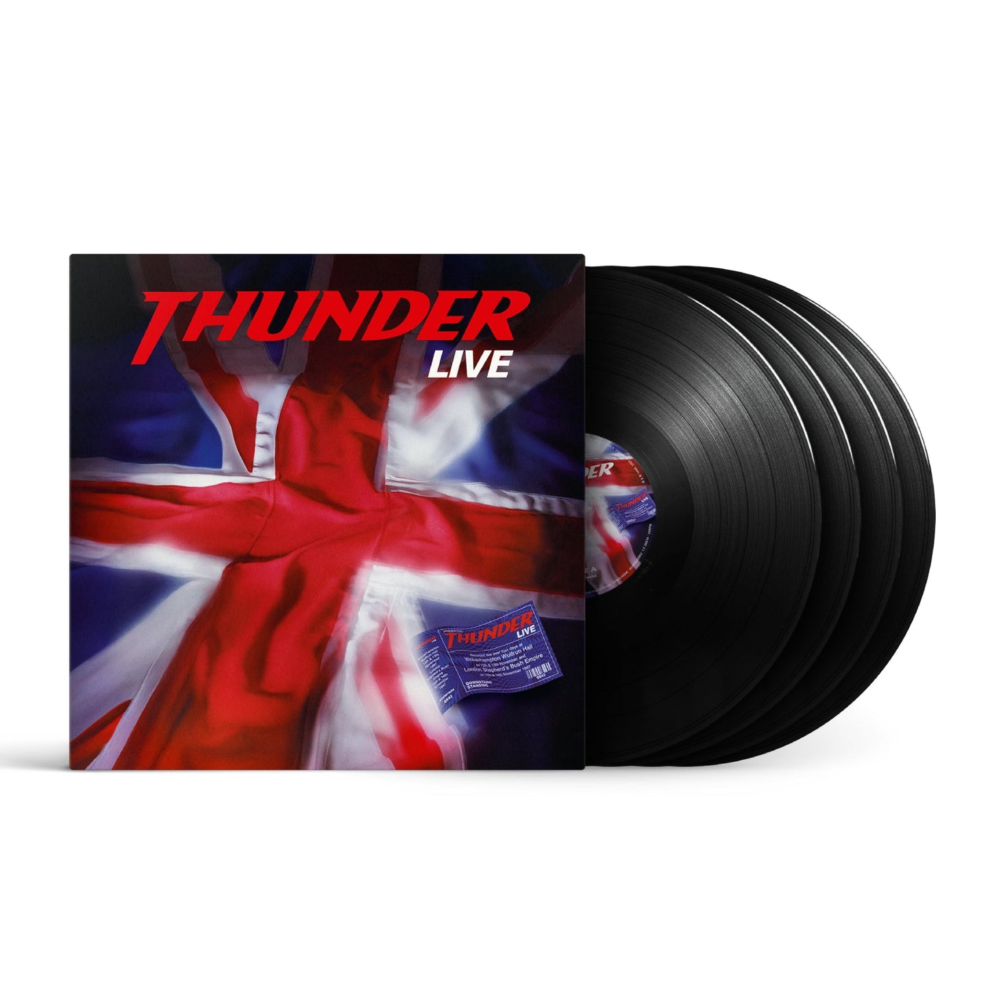Four black vinyl LPs with a red album cover featuring a figure and flag.