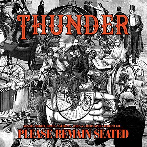 "Vinyl album cover with 'Thunder' and 'Please Remain Seated' text, featuring a chaotic black-and-white illustration."