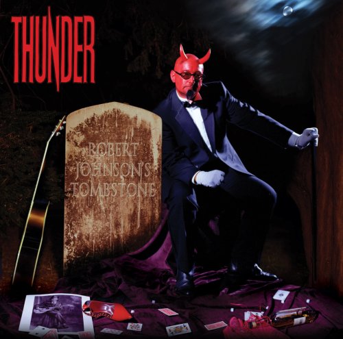 Album cover: man with devil horns, tombstone, guitar, and playing cards.