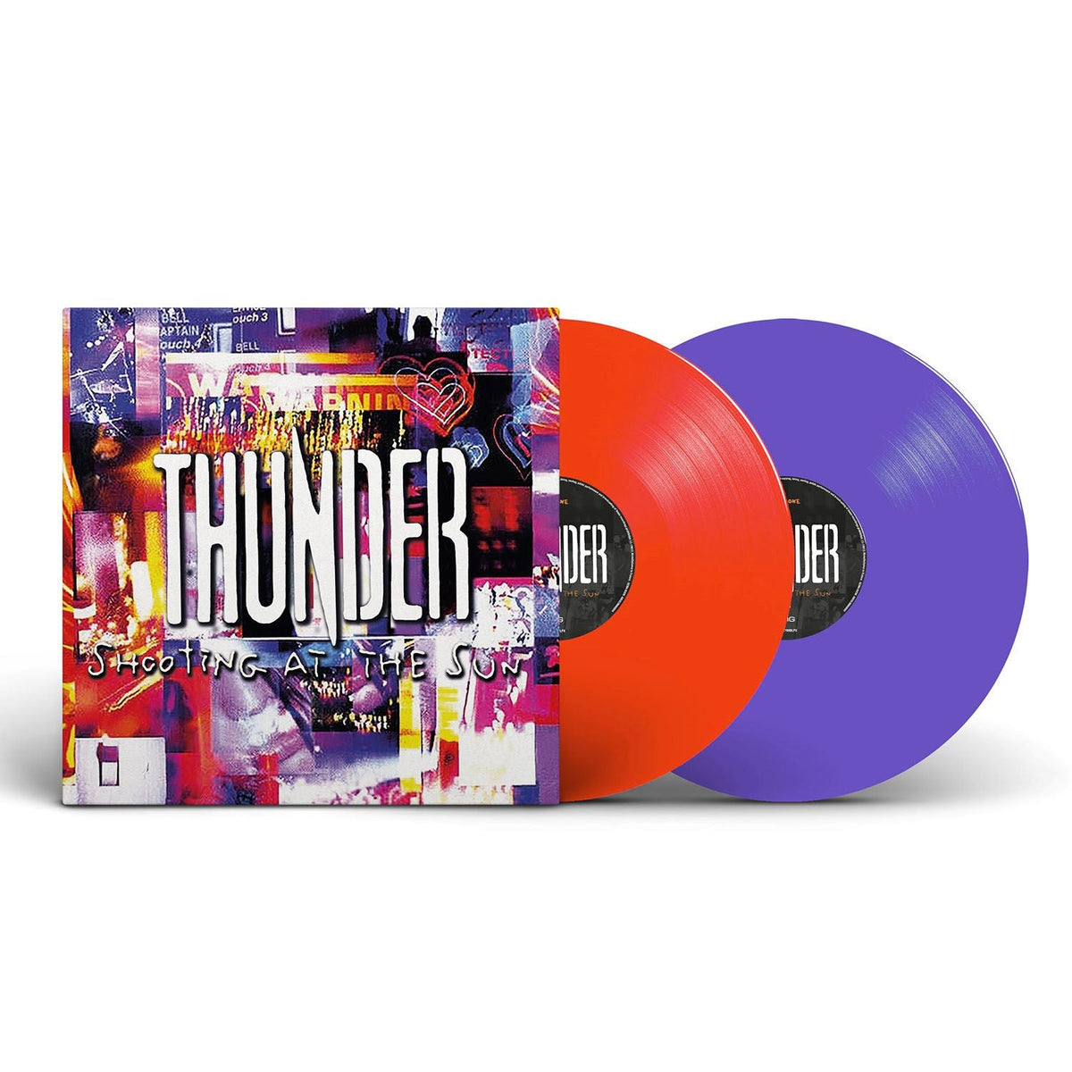 Red and purple vinyl records for Thunder’s “Shooting At The Sun.”