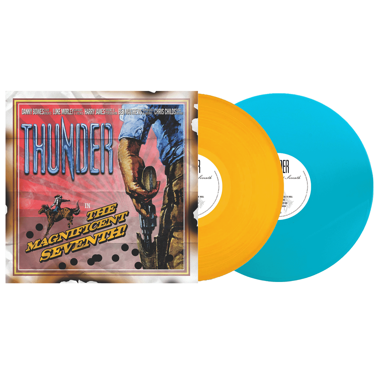 Thunder The Magnificent Seventh vinyl album cover with yellow and blue vinyl records.