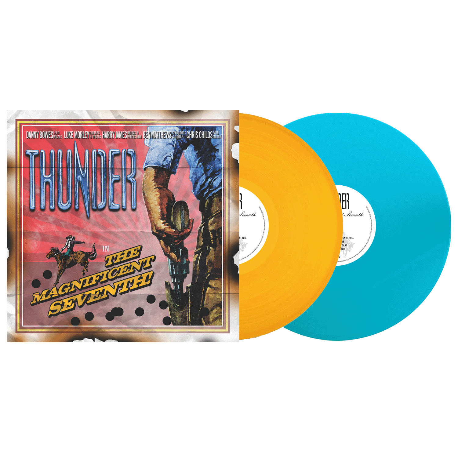 Thunder The Magnificent Seventh vinyl album cover with yellow and blue vinyl records.