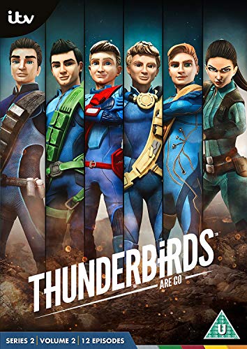 "Thunderbirds Are Go" DVD cover featuring six characters in futuristic outfits against a blue background.