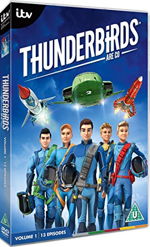 DVD cover featuring five characters in blue flight suits and three rescue vehicles above.