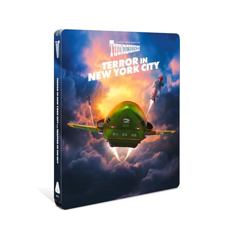 Thunderbirds Terror in New York City steelbook featuring Thunderbird 2 flying through cloudy skies.