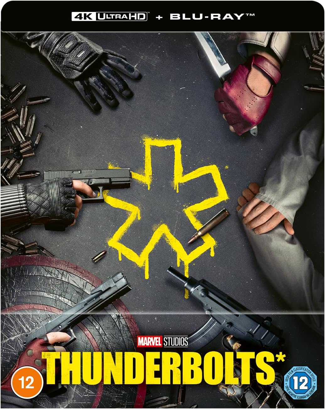 Hands with weapons surround a yellow spray-painted asterisk on a dark background.
