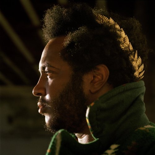 Thundercat in profile, wearing a green sweater and gold laurel wreath.