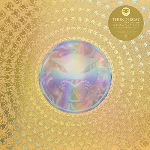 Thundercat album cover with a central iridescent cat emblem on a gold hexagonal background.