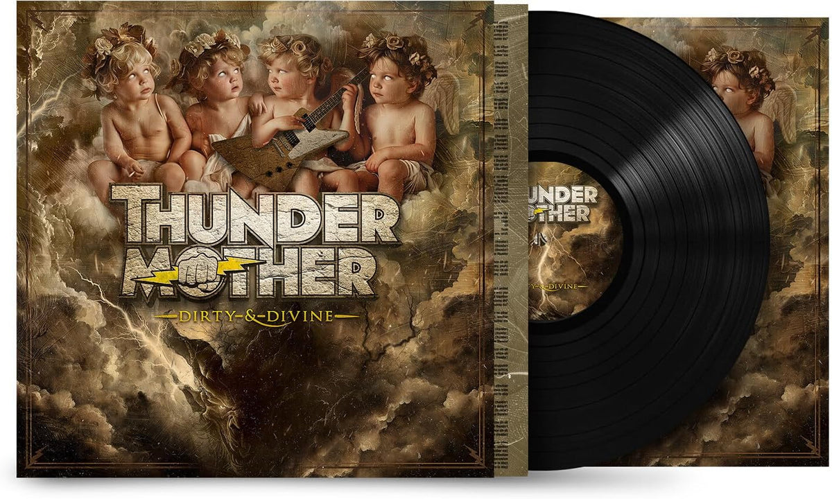 Thundermother's "Dirty & Divine" vinyl record with cherub and guitar artwork.