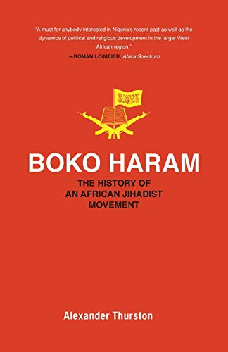 Book cover: red background with “Boko Haram” title and illustration of a book.