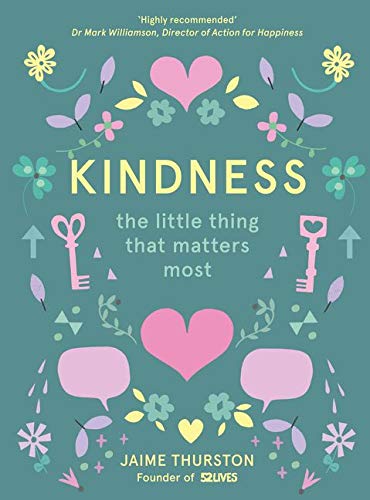 Book cover with title "Kindness" and floral, heart, and key illustrations.