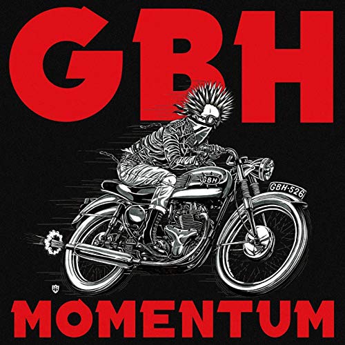 Punk rocker with mohawk riding a vintage motorcycle, black and red design.