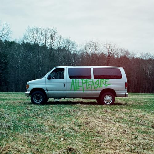 Silver van with green graffiti text in a grassy field, trees background.