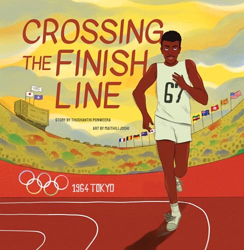 Illustration of a runner with international flags, book cover for "Crossing the Finish Line".