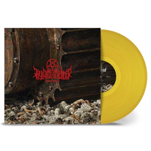 Thy Art Is Murder Human Target album cover art with a bright yellow vinyl record.