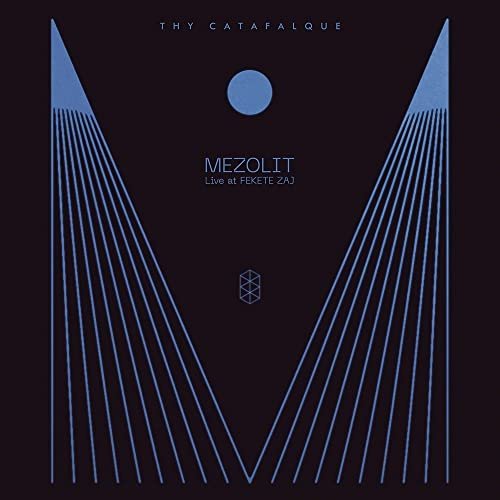 Album cover for Thy Catafalque’s “Mezolit: Live At Fekete Zaj” with blue geometric shapes.