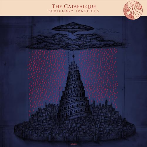 Album cover: Tower city with UFO and red rain, detailed illustration.