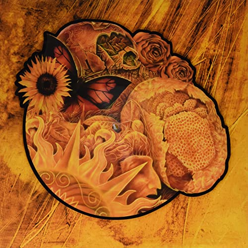 Floral and skull design in warm orange and brown tones.