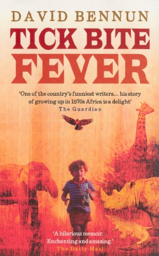 Book cover: boy running with African wildlife in orange background.