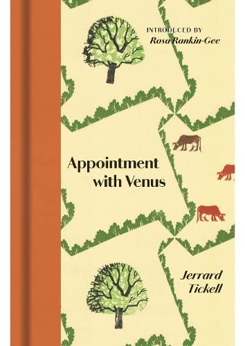 Book cover with a geometric pattern of trees and cows on a cream background.